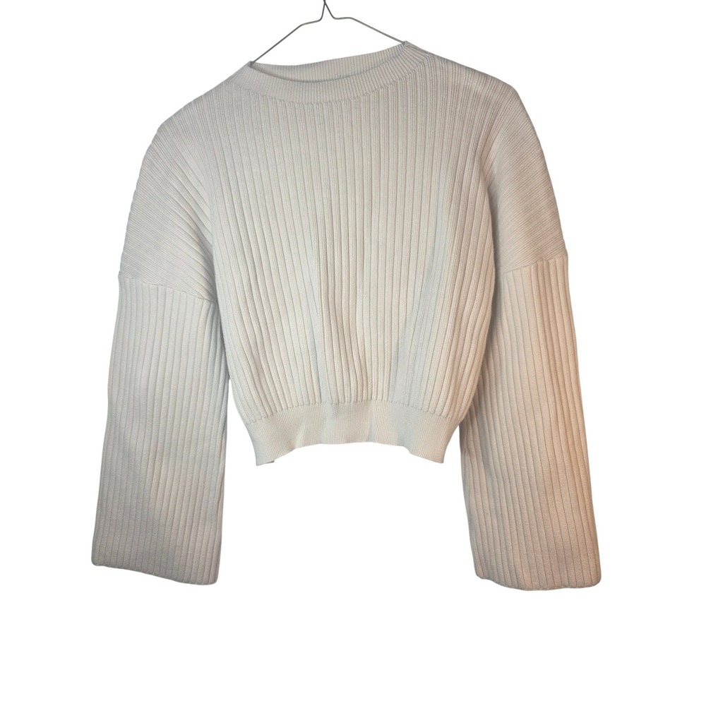 Listicle Womens Ribbed Knit Cropped Sweater Cream Off White Bell Sleeve Small